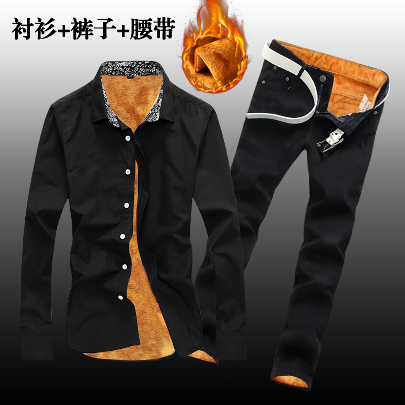 秋冬季韩版男式加绒加厚长袖牛仔衬衫长裤子一套装保暖潮流衬衣服