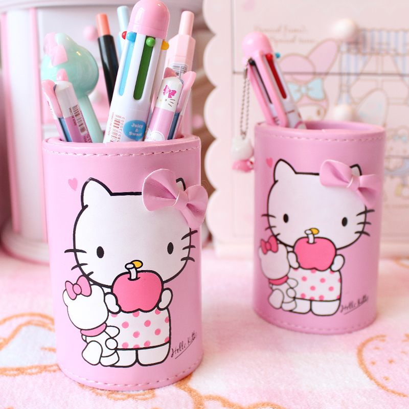 猫咪多功能笔筒可爱粉色卡通创意园形铅笔筒少女心皮质笔筒收纳桶