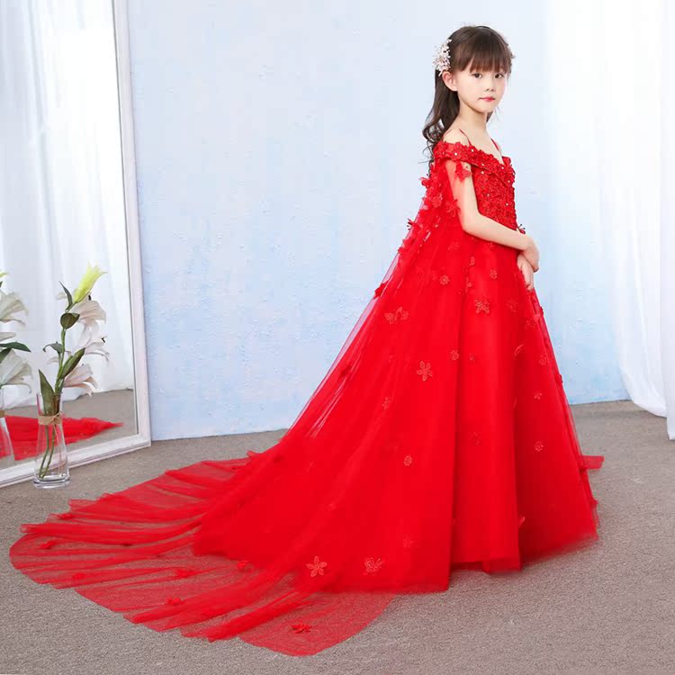 儿童红色礼服拖尾裙女大童钢琴演出服花童公主蓬蓬裙女童走秀礼服
