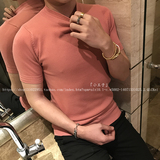 春夏新款半高领短袖薄款毛衣男士修身圆领打底t恤半袖线衣针织衫