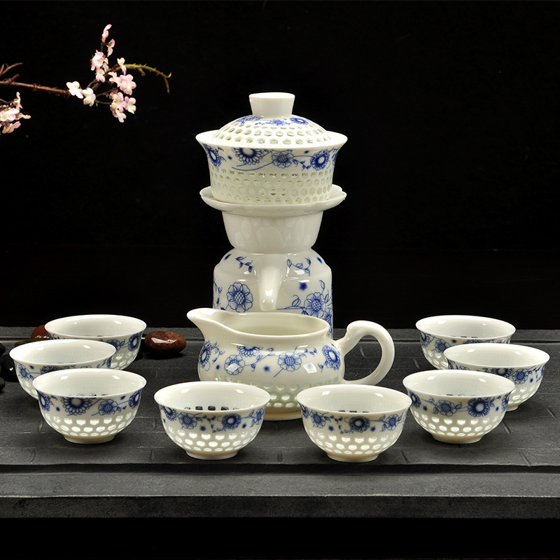 新品6人套装茶具出水一键半自动功夫陶瓷镂空玲珑青花水晶茶杯壶
