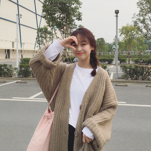 韩版学院风宽松中长款针织衫开衫卷边加厚毛衣外套女学生