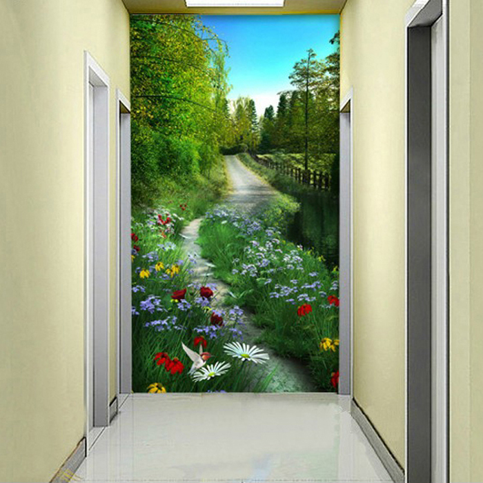 3/5d立体壁画竖版玄关过道走廊背景墙纸壁纸田园自然风景延伸空间