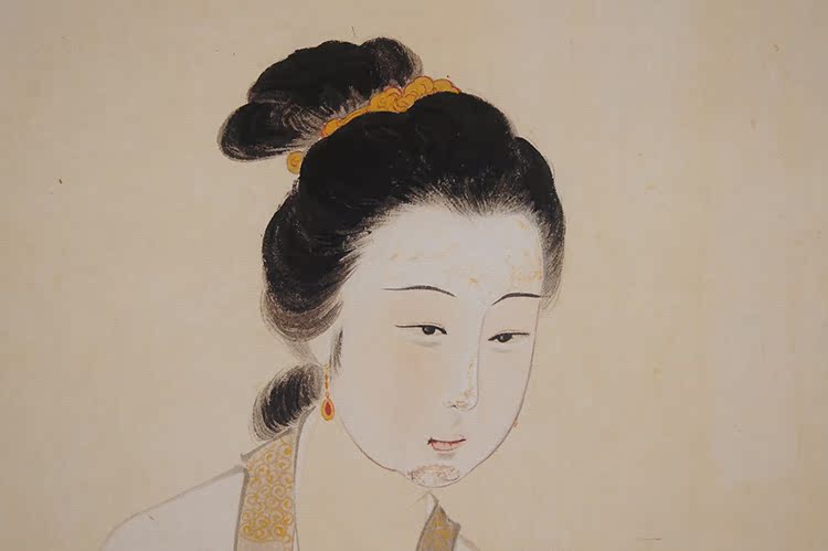 1:1张大千红荷仕女图名家真迹国画艺术微喷名画复制品