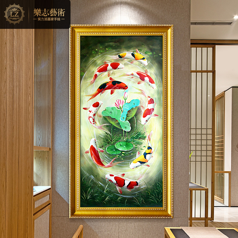 新中式纯手绘油画玄关装饰画荷花九鱼图客厅竖