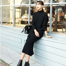 显瘦秋冬加厚针织连衣裙宽松套头休闲过膝打底毛衣潮女 超长款
