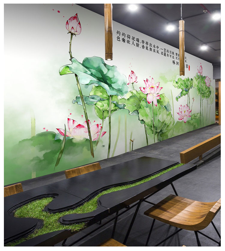 5d立体凹凸壁画 中式简约水墨壁纸手绘禅意荷花莲花壁画卧室墙纸