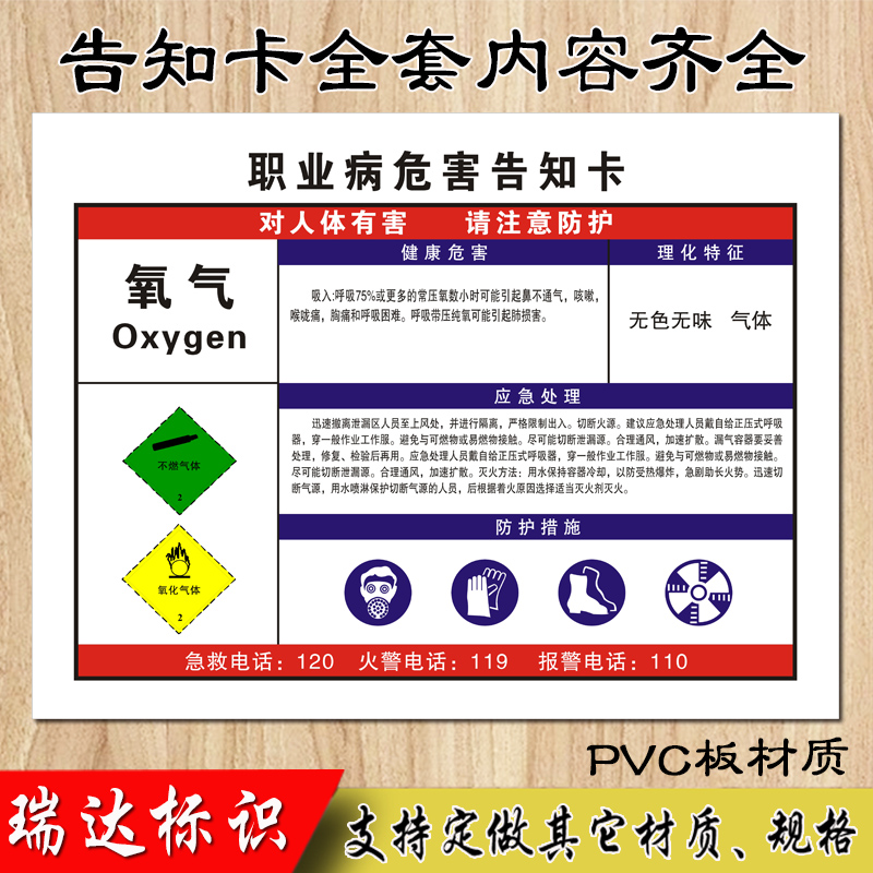 氧气职业危害告知牌卡易燃易爆标志标识提示牌注意防火危害警示牌