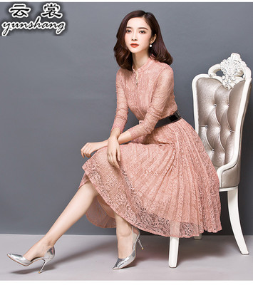 2016春装新款韩版修身显瘦蕾丝中长款连衣裙女装秋冬打底名媛长裙
