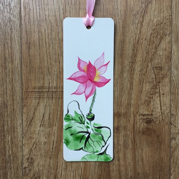 纯手绘手工 荷花 小尺寸单张 水彩画植物书签3张包邮【木子小鱼】