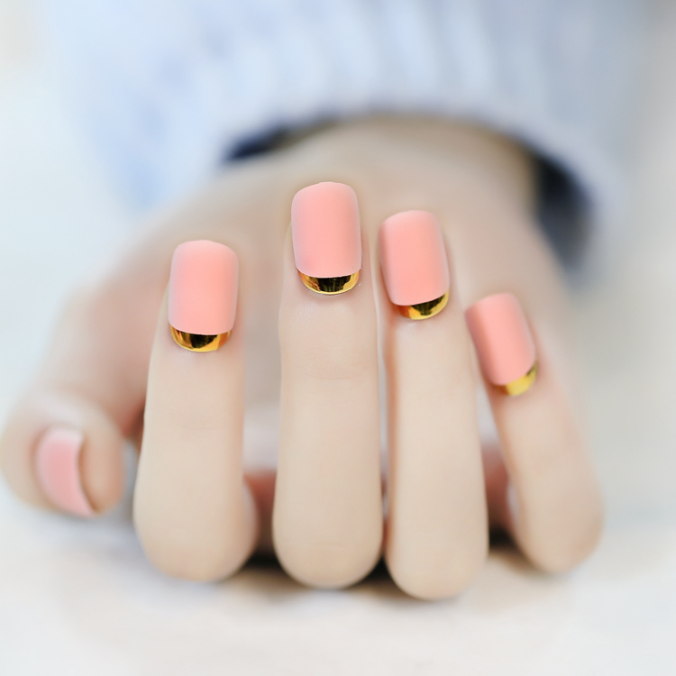 橡皮粉色金边粉色系列磨砂假指甲成品 短款反法式金属边美甲贴片