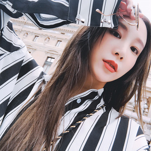 MADEINAM黑白条纹长袖衬衫bf风宽松防晒衬衣外套chic潮女装夏AM家女装