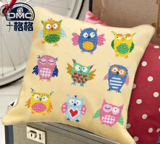 十格格dmc十字绣套件 可爱卡通动物抱枕 卧室精品靠垫 多彩猫头鹰