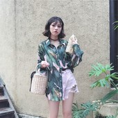 百搭半透明长袖 防晒衣女学 8.8复古Chic韩风气质树叶印花翻领衬衫