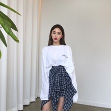 式格纹绑带不规则半身裙女 衬衫 韩国慵懒宽松字母印花TEE 夏季新