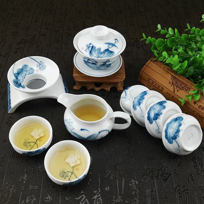 荷花茶具套装整套景德镇手绘青花瓷陶瓷功夫茶具茶杯品茗杯三才碗