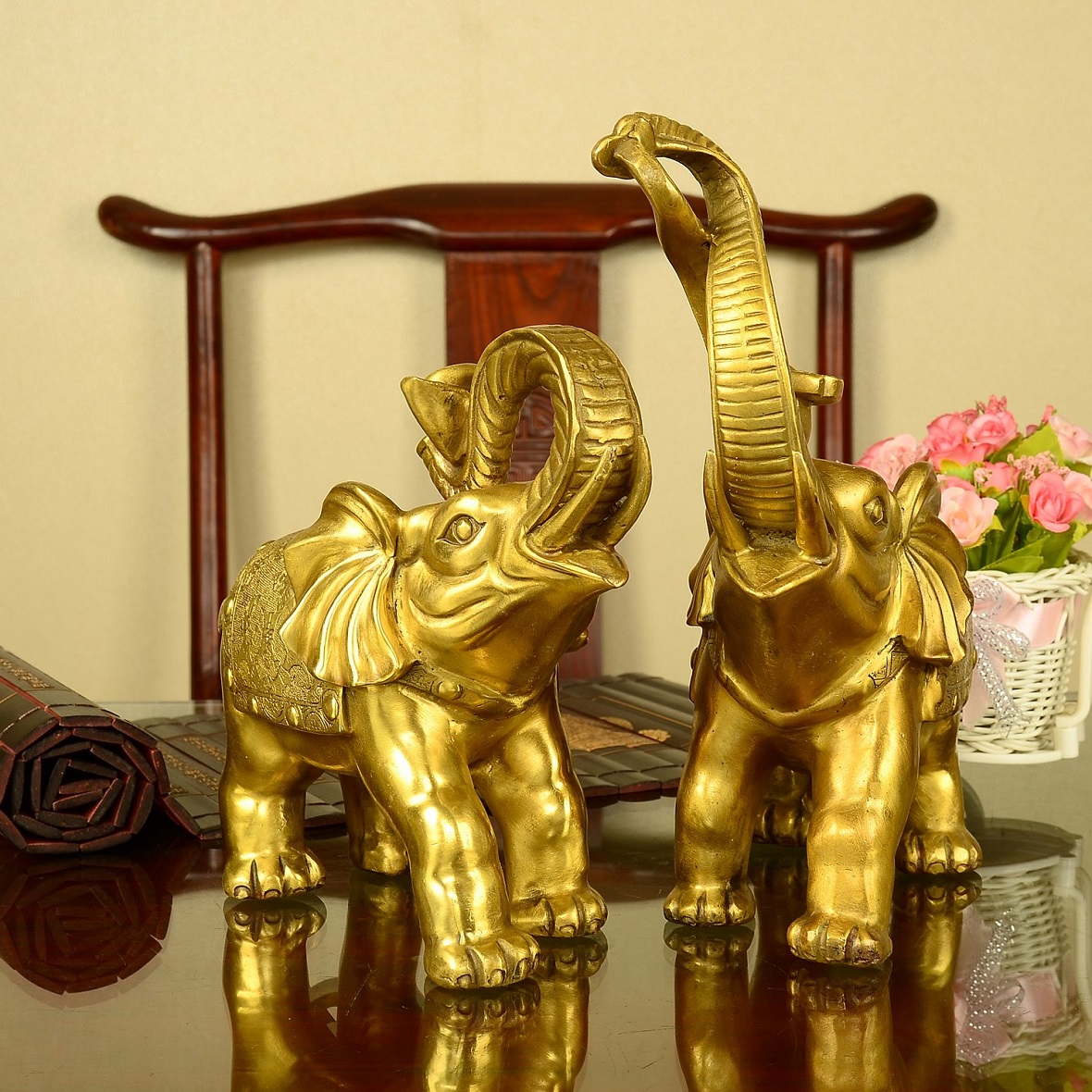 风水纯铜大象摆件 元宝招财铜象一对家居风水