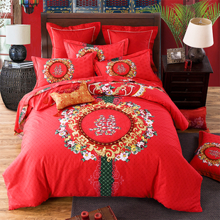 家纺四件套全棉纯棉大红结婚床上用品双人被套床单1.8m婚庆床品