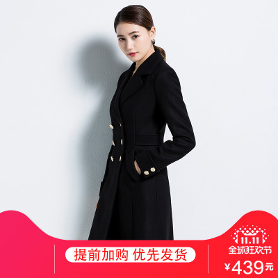 空姐冬装外套大衣女职业中长款双排扣修身时尚黑色工装呢子大衣