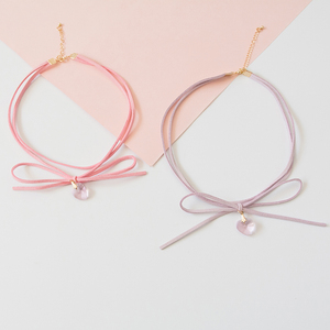 女心绒皮双层蝴蝶结 爱心吊坠chocker项链锁骨