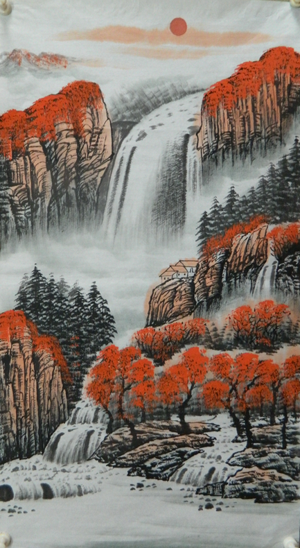 纯手绘三尺中堂鸿运当头满山红竖幅国画山水字画真迹客厅装饰画