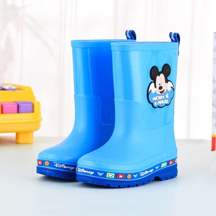 迪士尼儿童雨鞋男童女童水靴保暖水鞋雨靴蓝色卡通中大童防滑胶鞋