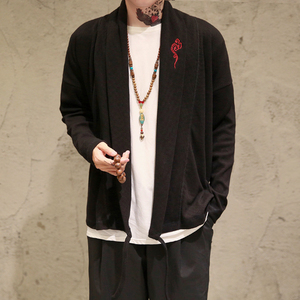 中国风男装秋冬季毛衣男V领宽松复古刺绣大码