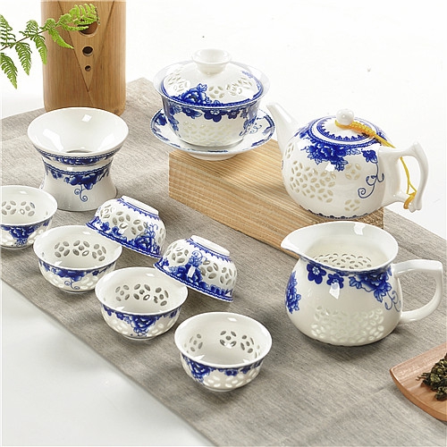 青花牡丹镂空水晶玲珑茶具功夫茶杯陶瓷整套盖碗观音红绿普洱茶壶