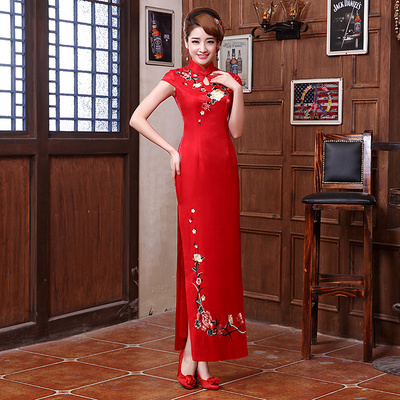 2015春夏新款新娘复古旗袍长款高开叉结婚古典旗袍婚礼敬酒服新娘