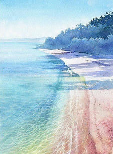 写实风景水彩画 纯手绘插画水彩画【阳光下的海滩】,32开无画框