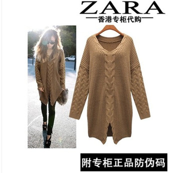 欧美风V领开叉麻花<em>中长</em>版复古女装<em>毛衣外套</em>打