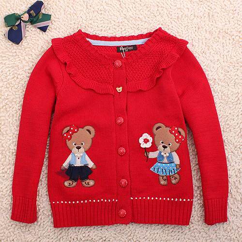 冬新款韩版童 女童纯棉红色花边圆领<em>厚开衫</em>毛