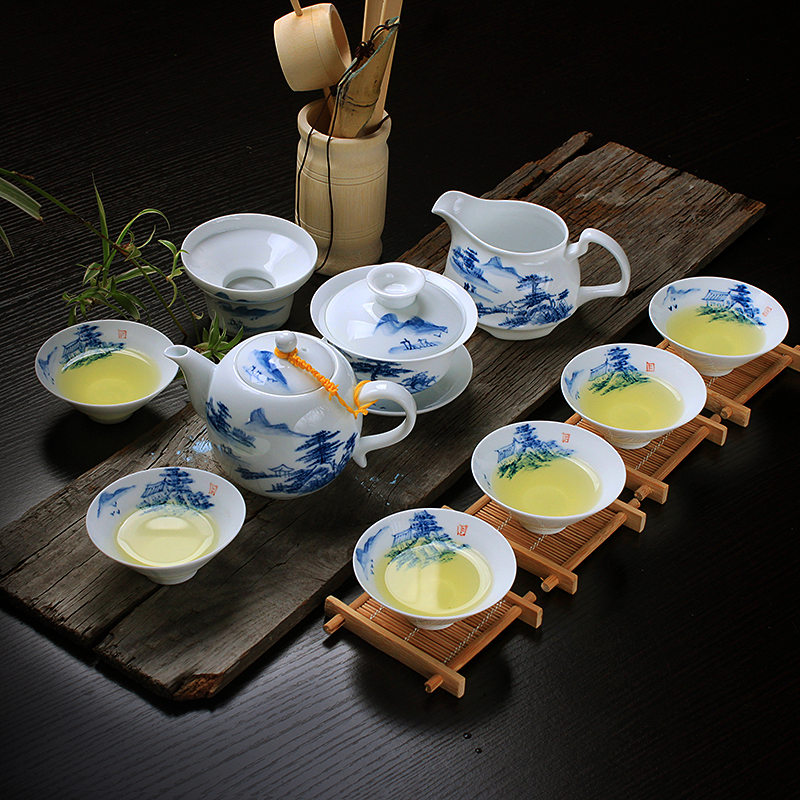 瓷牌茗手绘薄胎茶具套装景德镇高白青花瓷陶瓷功夫茶具釉下彩山水