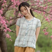 纯棉格子T恤短袖 斯琴达芭娜风格 衬衫 文艺圆领显瘦大码 2017夏装
