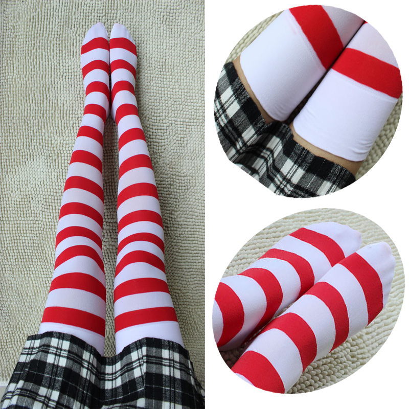 cosplay红白条纹原宿岛风红学生日系过膝大腿高长筒袜子圣诞袜女