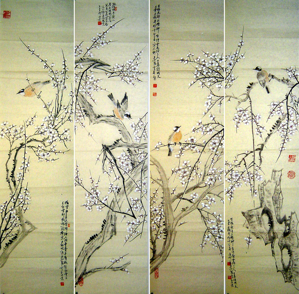 王向阳 花鸟画国画四条屏 喜上眉梢◆真迹◆a7896原稿字画收藏品