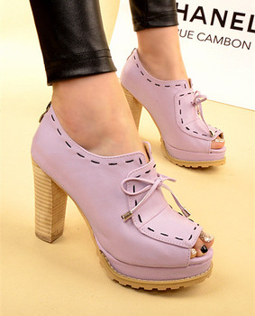 韩国正品代购粗跟鱼嘴鞋单鞋复古性感紫色高跟