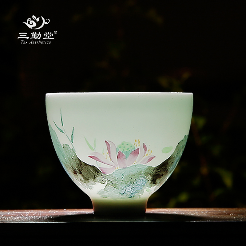 三勤堂品茗杯 小茶杯陶瓷景德镇功夫茶具手绘荷花主人杯个人单杯