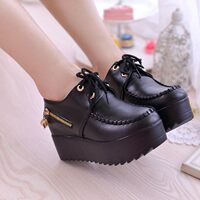 春秋新款厚底松糕内增高黑色小皮鞋复古单鞋中