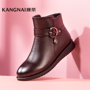 康奈真皮平底短靴