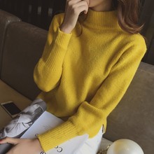 宽松针织衫 韩版 打底衫 开叉学生半高领套头毛衣女短款 白色秋冬新款