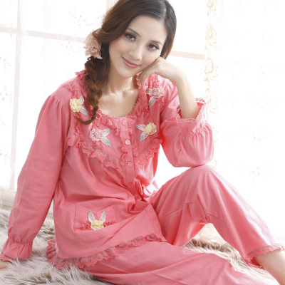 简约 品牌睡衣专柜正品女式春夏莫代尔蕾丝长袖睡衣套装甜美棉绸家居