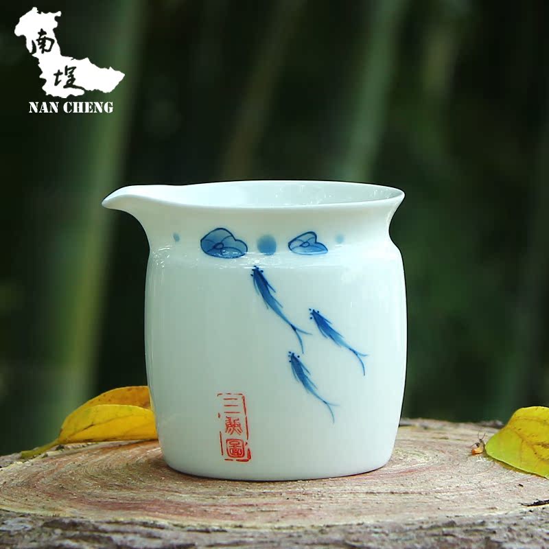 南埕品牌 公道杯 纯手绘三鱼图高白瓷茶海 陶瓷功夫茶具茶道配件