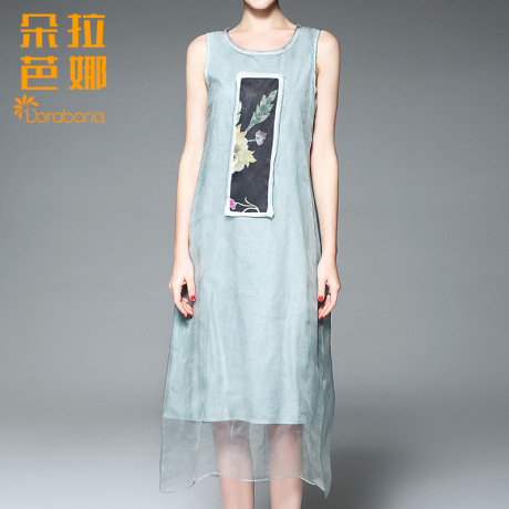 朵拉芭娜2017夏季新款女装真丝欧根纱连衣裙时尚名媛布贴背心裙女商品大图
