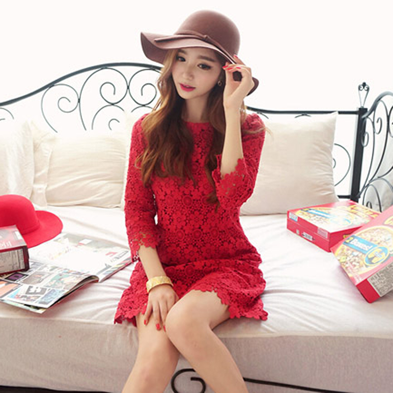 MMJ女神范 2015秋季新款韩版女装 七分袖蕾丝连衣裙修身红裙子