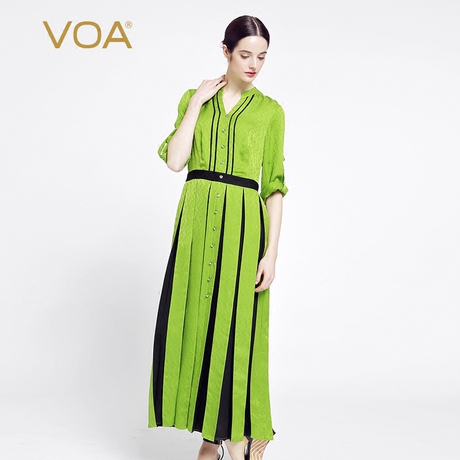 VOA 橄榄绿黑镶嵌提花真丝 v领两用袖水晶扣中腰百褶长连衣裙商品大图