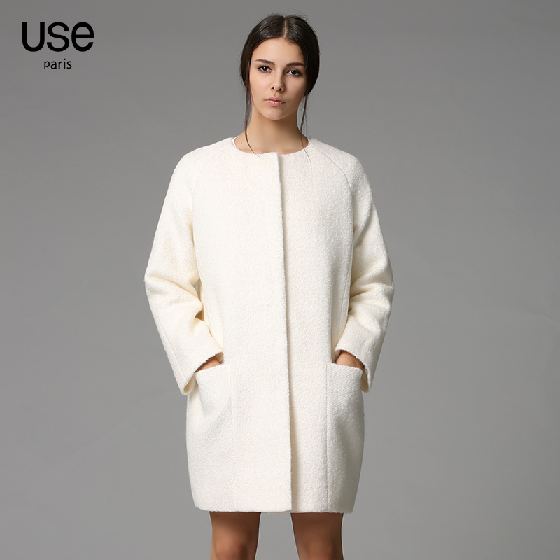 USE2015冬新款欧美无领暗扣OL中长款羊毛呢子大衣茧型毛呢外套女