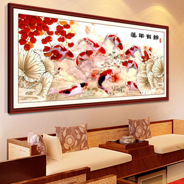 电脑机绣绣好的十字绣成品九鱼聚财莲年有余客厅大画出售包邮