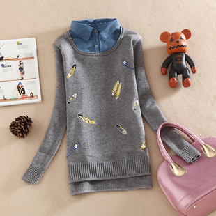 购买学院2015秋冬新款假两件<em>女衬衫领毛衣</em>高