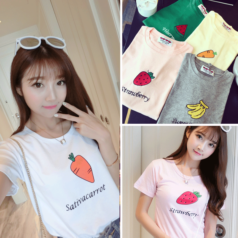 小蕾2016新款夏装宽松大码圆领短袖T恤水果香蕉草莓印花t恤女学生